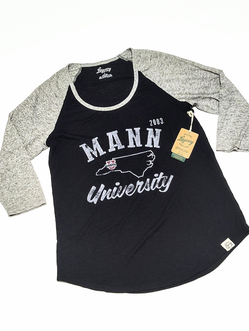 Legacy Women Baseball Tee Shirt Mann University 3/4 Sleeve Black Gray Poly Rayon